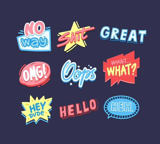 Expressive sayings stickers pack. creative social media cartoon ...