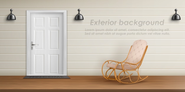 Exterior background with veranda facade. empty terrace with rocking chair Free Vector