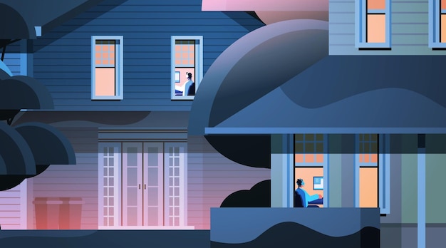 家の肖像画の水平方向のベクトル図でパソコンでオンラインビデオゲームをプレイする混血の隣人仮想ゲーマーと建物の外観 プレミアムベクター
