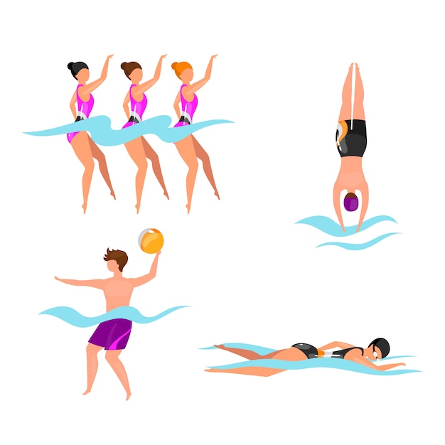極端なウォータースポーツフラットイラストセット シンクロナイズドスイミング選手 水でバレーボールをする人 プール 海 海での水泳 アクティブなライフスタイルの孤立した漫画のキャラクター プレミアムベクター