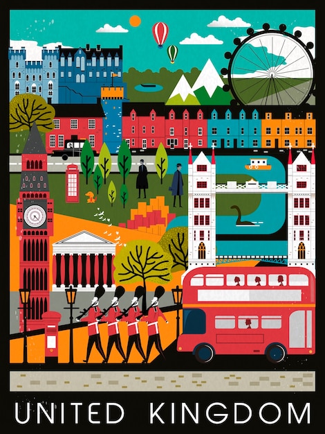 フラットスタイルで目を引くイギリス旅行ポスターデザイン プレミアムベクター