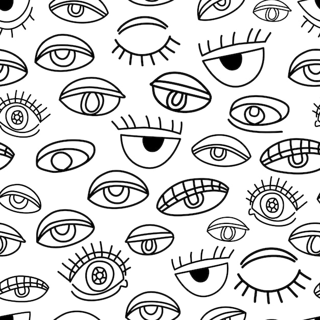 Premium Vector | Eyes doodle seamless pattern background black and white