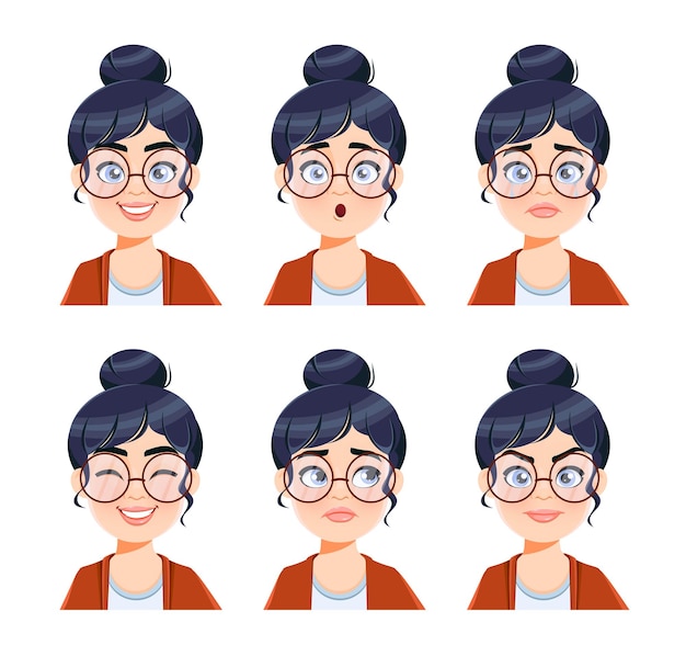 眼鏡をかけた女性の表情さまざまな女性の感情が漫画のキャラクターの先生を設定します プレミアムベクター