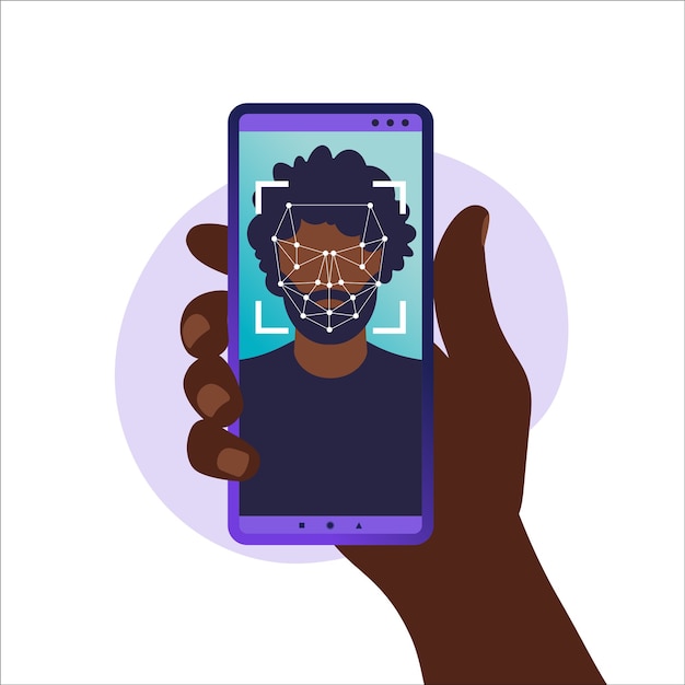 顔id 顔認識システム スマートフォンでスキャンする顔の生体認証システム 人間の頭と画面上のスキャンアプリでスマートフォンを持っている手 ベクトル イラスト プレミアムベクター