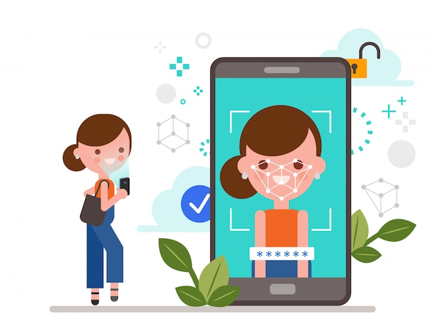 顔id 顔認識 生体認証 顔認識コンセプトのモバイルアプリ 個人認証のためにスマートフォンを使用して顔をスキャンする女性 フラットスタイルのイラスト プレミアムベクター