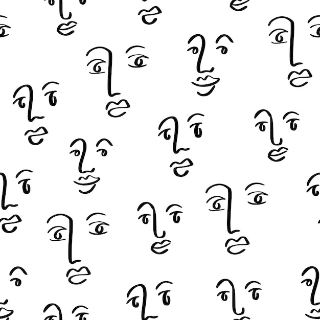 Premium Vector Face Line Art Seamless Pattern Abstract Doodle Eyes Nose Lips Simple Design With Hand Drawn Faces