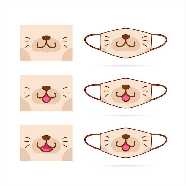 かわいい茶色の猫犬ペット動物口顔イラスト入りフェイスマスク プレミアムベクター