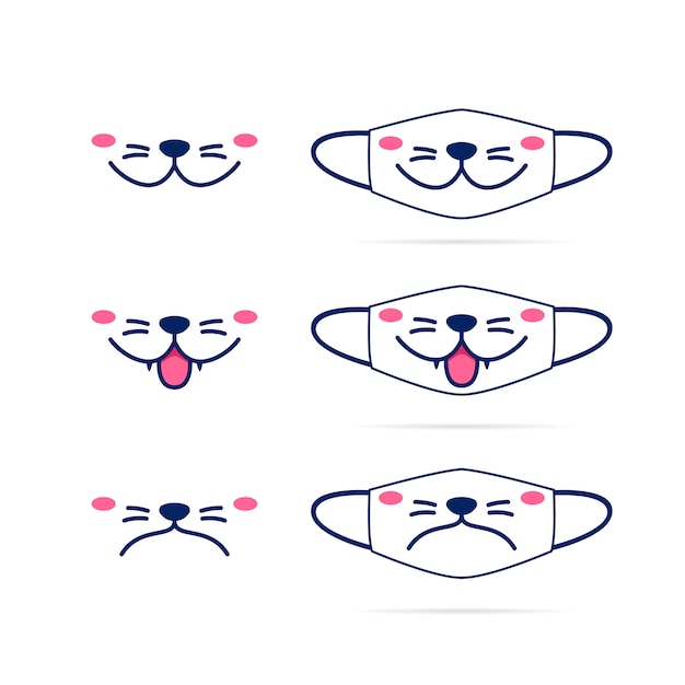かわいい猫犬ペット動物口顔イラスト付きフェイスマスク プレミアムベクター
