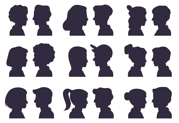 顔の輪郭のシルエット 男性と女性の頭のシルエット 女性と男性のアバターの肖像画フラットベクトル プレミアムベクター