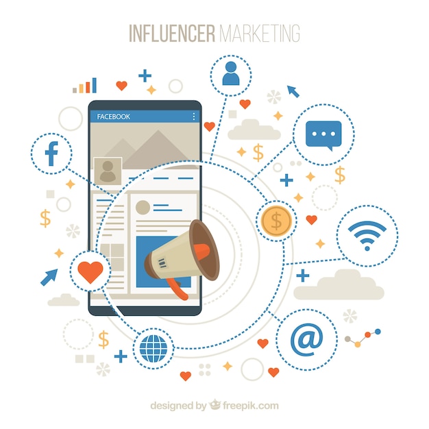 Facebook influencer background with decive and emoticons Free Vector