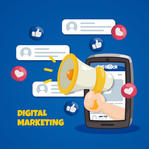 Facebook marketing concept with megaphone Premium Vector