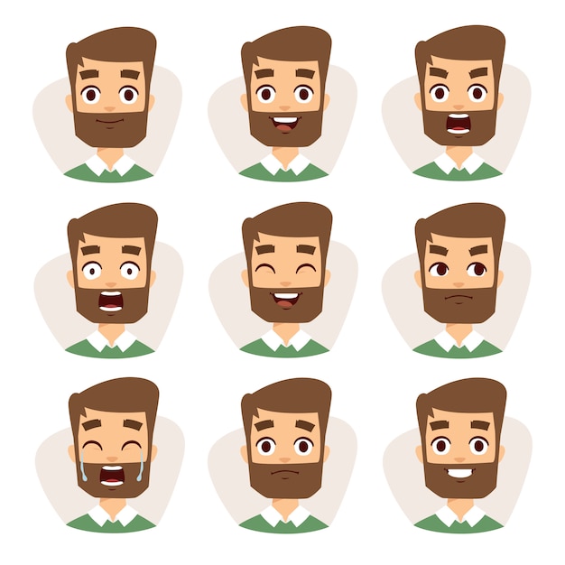 さまざまな感情のアイコンを表現する若いひげ男の顔文字モザイク プレミアムベクター