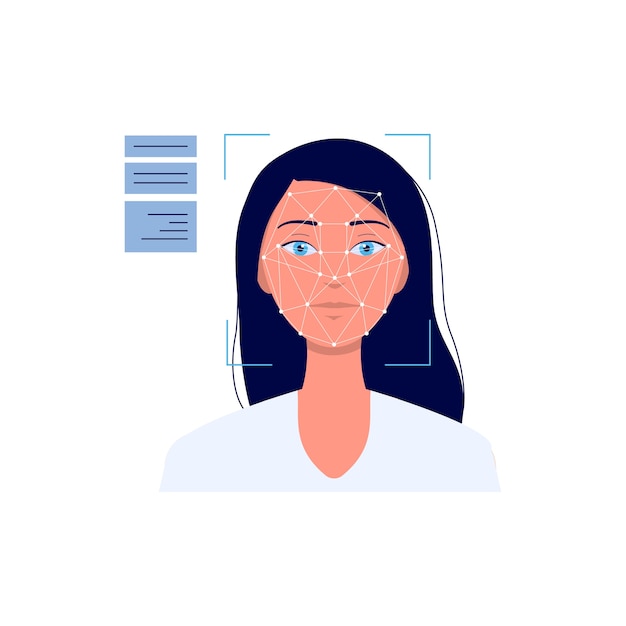 白い背景の上の女性の顔の漫画イラストの顔認識システム技術 認証およびセキュリティ生体認証ソフトウェア プレミアムベクター