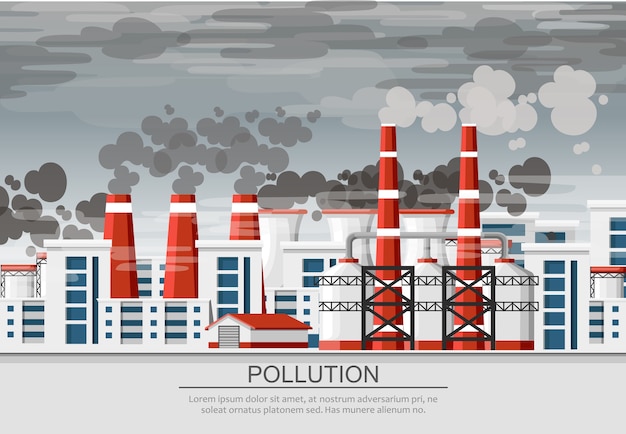 煙パイプのある工場 環境汚染問題 地球の工場は炭素ガスで汚染されています 図 灰色の汚い空の背景のイラスト プレミアムベクター