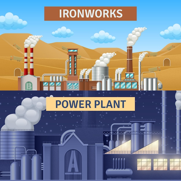Factory building horizontal realistic banners set Free Vector