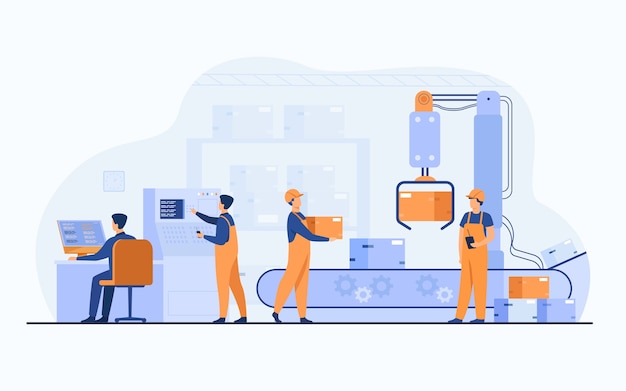 Factory workers and robotic arm removing packages from conveyor line. engineer using computer and operating process. vector illustration for business, production, machine technology concepts Free Vector