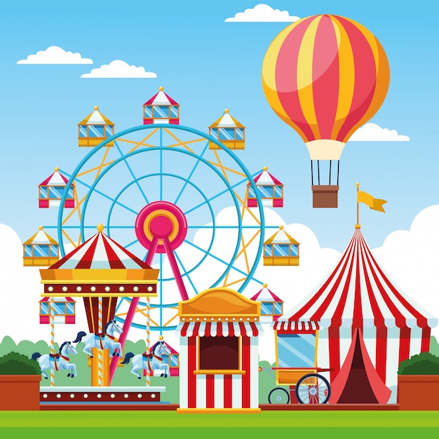 Free Vector | Fair festival with fun attractions scenery