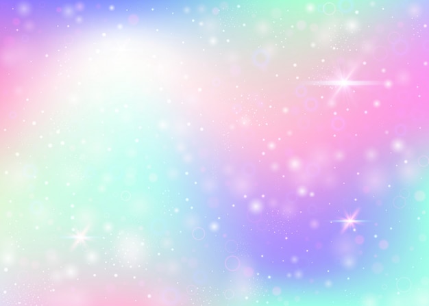 虹メッシュの妖精の背景 プリンセスカラーのトレンディな宇宙バナー ホログラムとファンタジーのグラデーション背景 魔法の輝き 星 ぼかしのホログラフィック妖精背景 プレミアムベクター