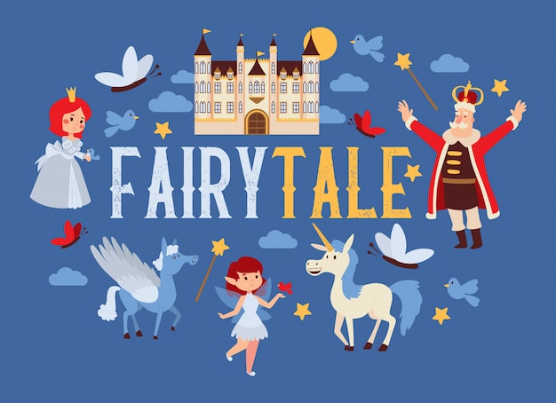 Fairy tale cartoon kingdom king princess character in castle fairytale palace tower Premium Vector