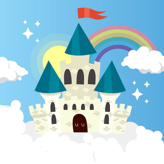 Fairytale castle with rainbow and clouds | Free Vector