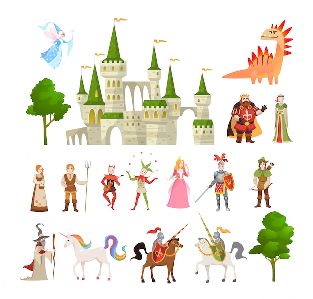 Premium Vector Fairytale Characters Fantasy Medieval Magic Dragon Unicorn Princes And King Royal Castle And Knight Vector Set