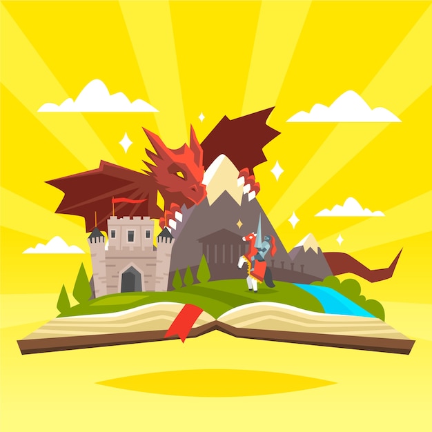 Free Vector Fairytale Concept With Castle And Dragon