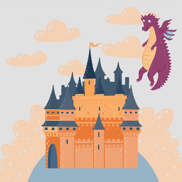 お城と空飛ぶ龍のおとぎ話の風景 ファンタジーパレスタワー プレミアムベクター