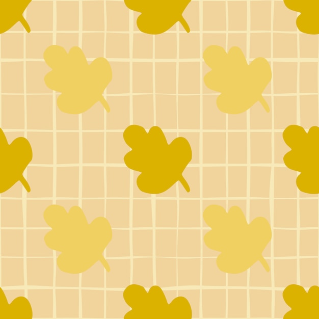 シームレスな秋の葉の抽象的なパターン チェックとベージュ色の背景に黄色と黄土色の花の要素 壁紙 包装紙 テキスタイルプリント ファブリックの装飾プリント 図 プレミアムベクター