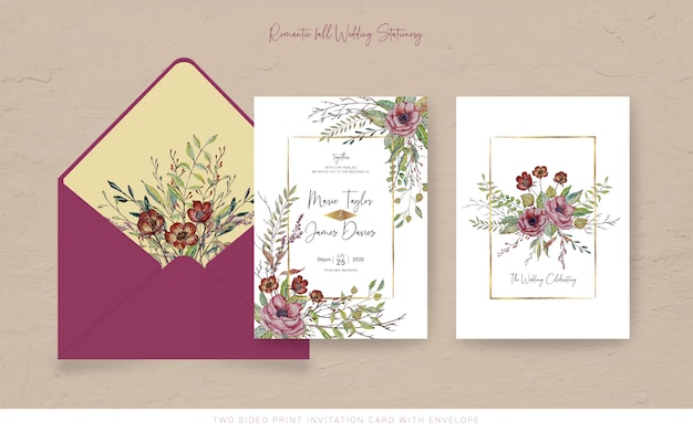 Fall watercolor invitation card with envelope Premium Vector