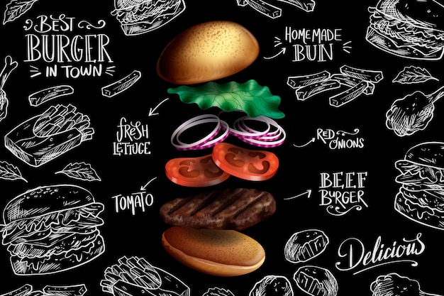 Free Vector Falling Realistic Burger On Chalkboard Background