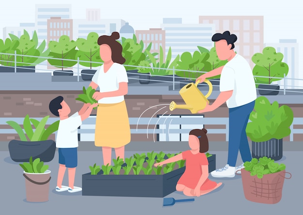 Premium Vector | Family activity flat color illustration. mom and dad teach kids  gardening. watering potted plant on outdoors. parents and childrens 2d  cartoon characters with interior on background