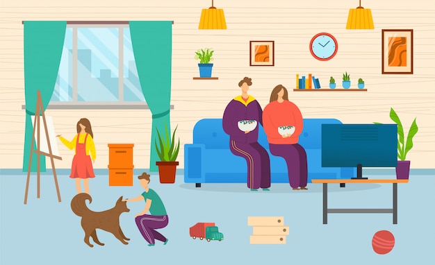 家族で一緒に イラスト ソファーで父親の母親 子供のキャラクターを描き 犬 家のインテリアで遊ぶ リビングルームに座って 屋内漫画レジャー少年少女 プレミアムベクター