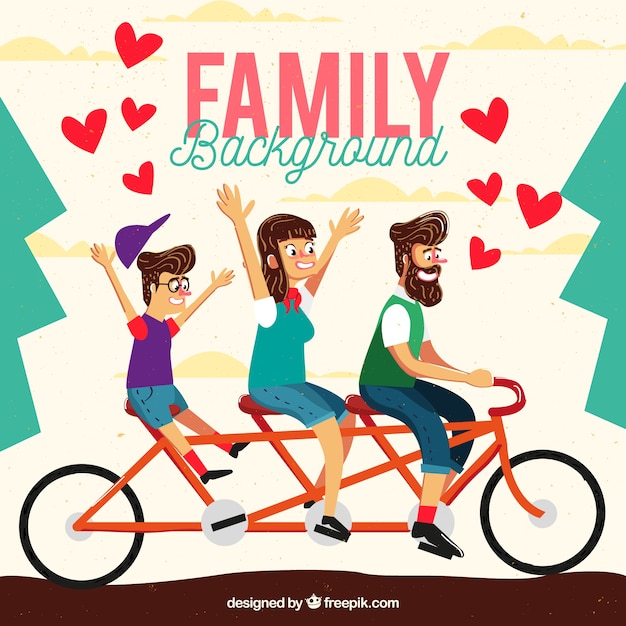 Family background on a bicycle in vintage
design