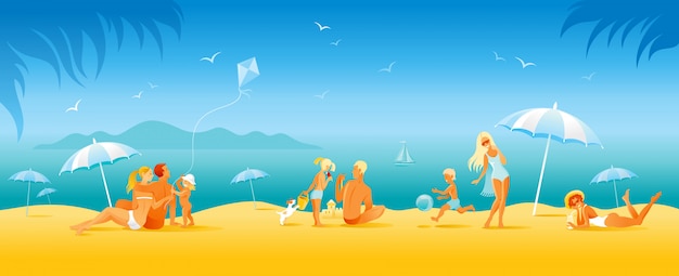 プレミアムベクター 家族のビーチ休暇のバナー 漫画のスタイルで夏の海旅行の背景 人の楽しいイラスト 幸せな女 男 子供 太陽が降り注ぐビーチの風景のパターンを持つ子供 アウトドアライフ