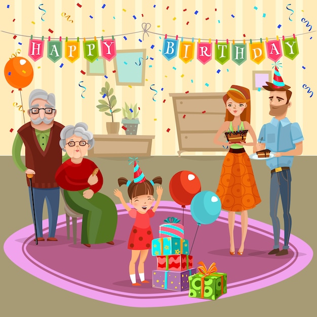 Download Free Vector | Family birthday home celebration cartoon ...