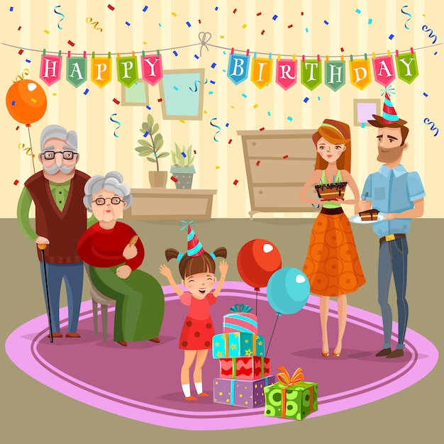 Download Family birthday home celebration cartoon illustration Vector | Free Download