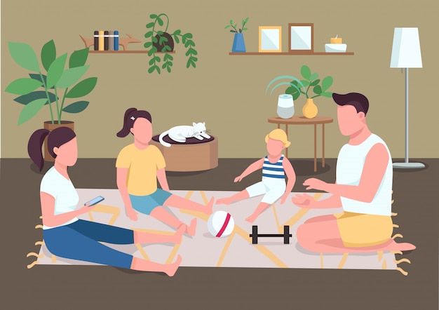 Family bonding flat color illustration. morning routine