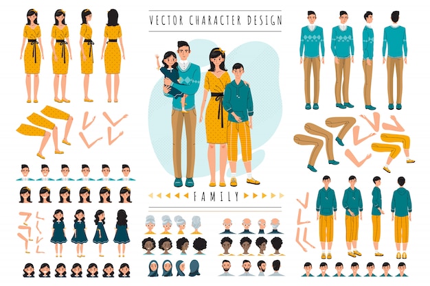 Family cartoon characters constructor set vector illustration Premium Vector