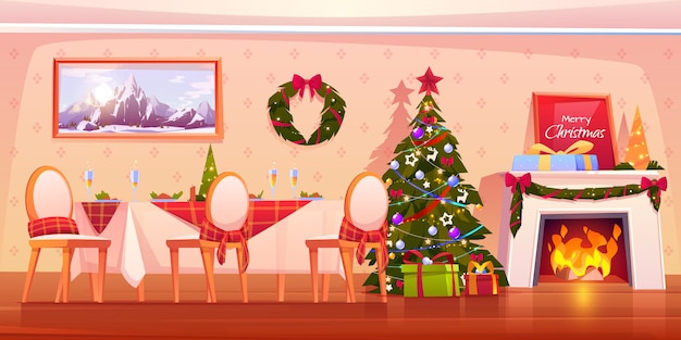 暖炉のイラストと家族のクリスマスディナーシーン 無料のベクター