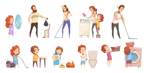 Family cleaning cartoon icons set Free Vector