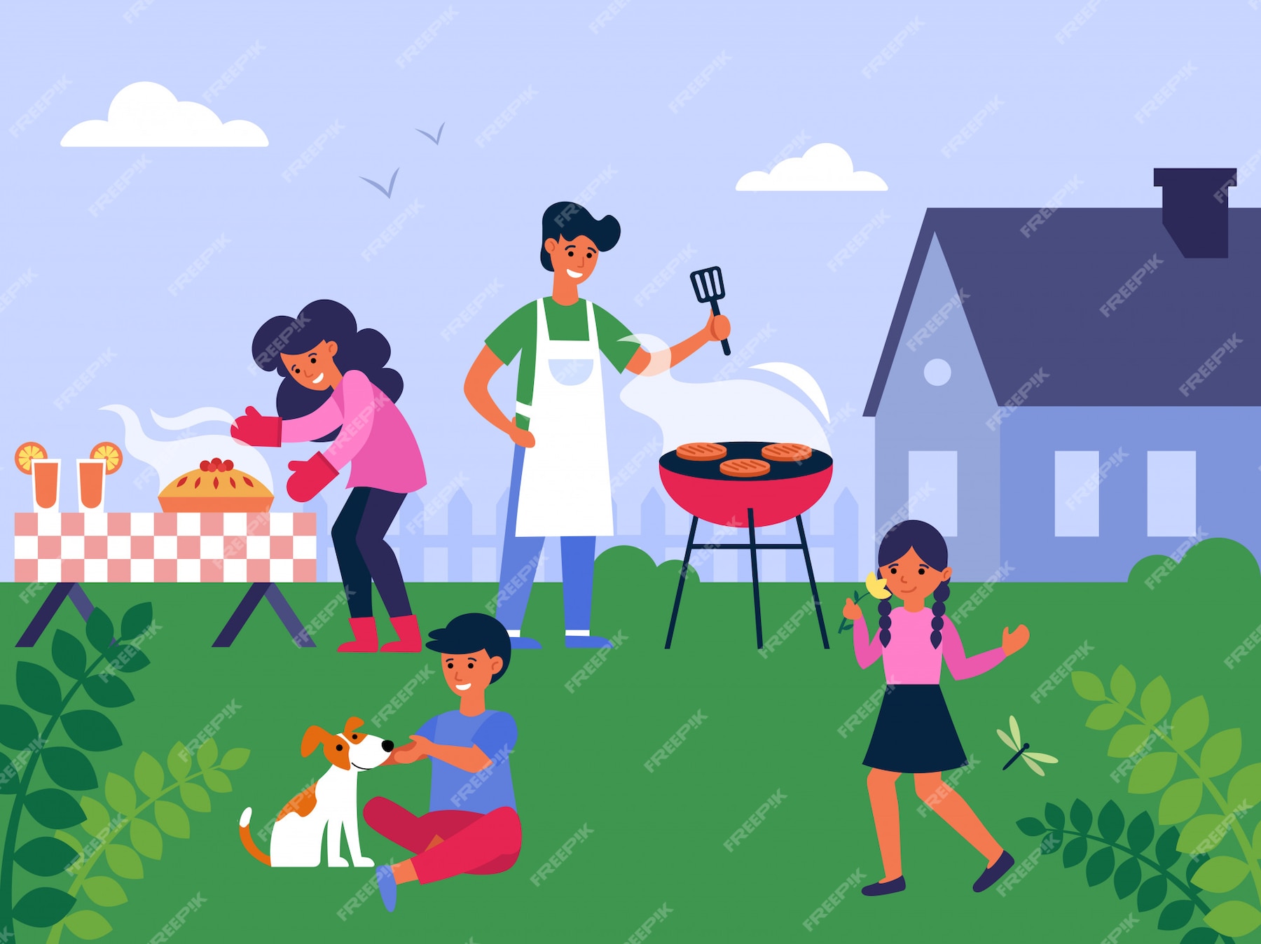 Free Vector | Family cooking barbecue at backyard