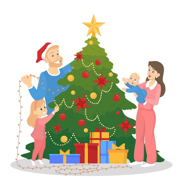Premium Vector Family decorating christmas tree for