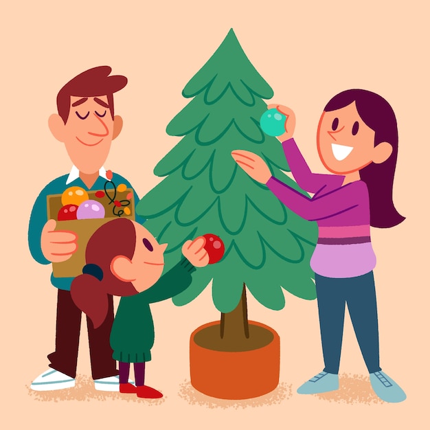 Family decorating christmas tree Vector Free Download