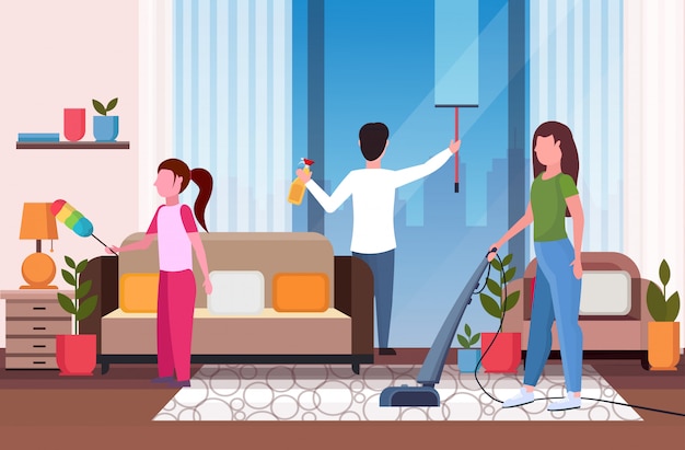 Premium Vector | Family doing housework together father wiping glass ...