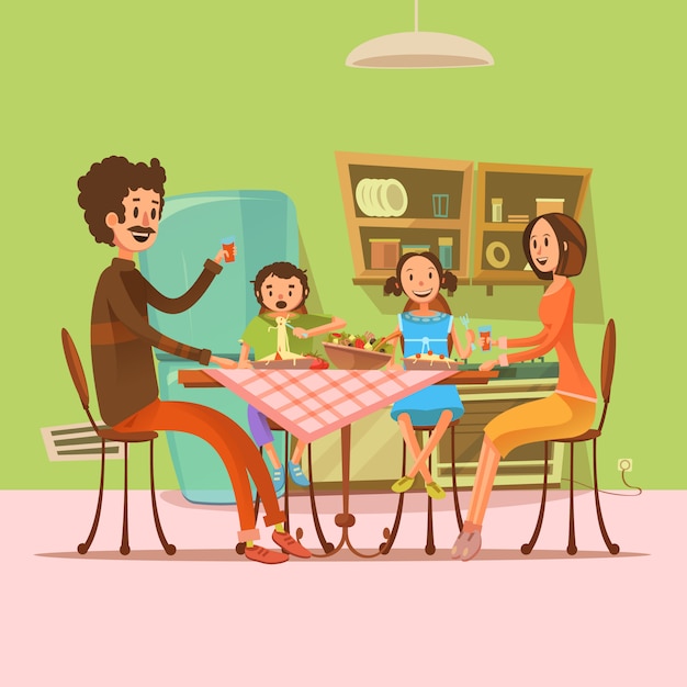 冷蔵庫とテーブルのレトロな漫画ベクトルイラストキッチンで食事をしている家族 無料のベクター