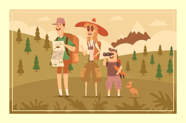 Premium Vector | Family hiking adventure vector cartoon illustration of ...