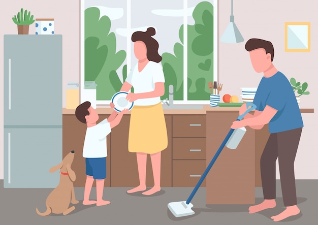 Premium Vector | Family House Cleanup Flat Color Illustration. Dad ...