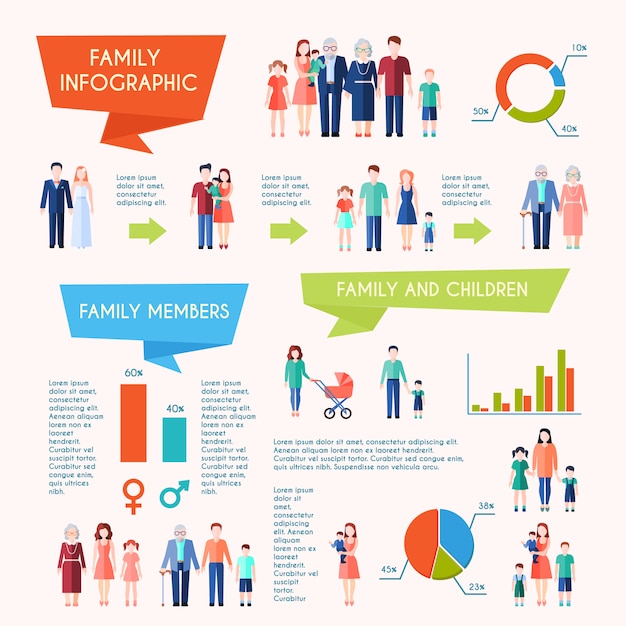 Family infographic poster with family evolution
members structure and children diagram