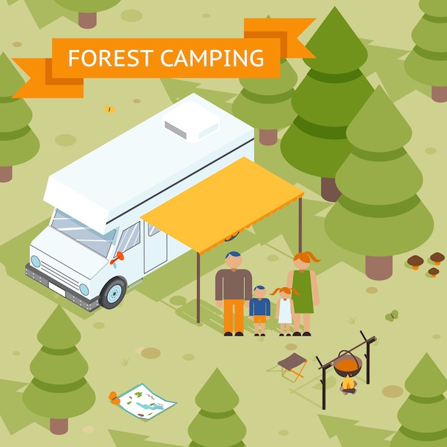 Download Free Vector | Family isometric forest camping. dad mom ...