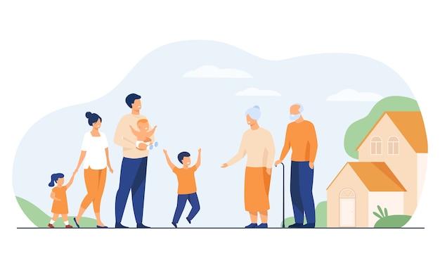 Download Free Vector | Family meeting in grandparents country house. excited children and parents ...